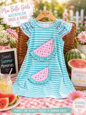 Mia Belle Girls Watermelon Dress & Purse Set | Aqua Stripe Ruffle Dress Boutique